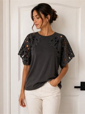 Women's Charcoal Lace Flutter Sleeve Crewneck Tee